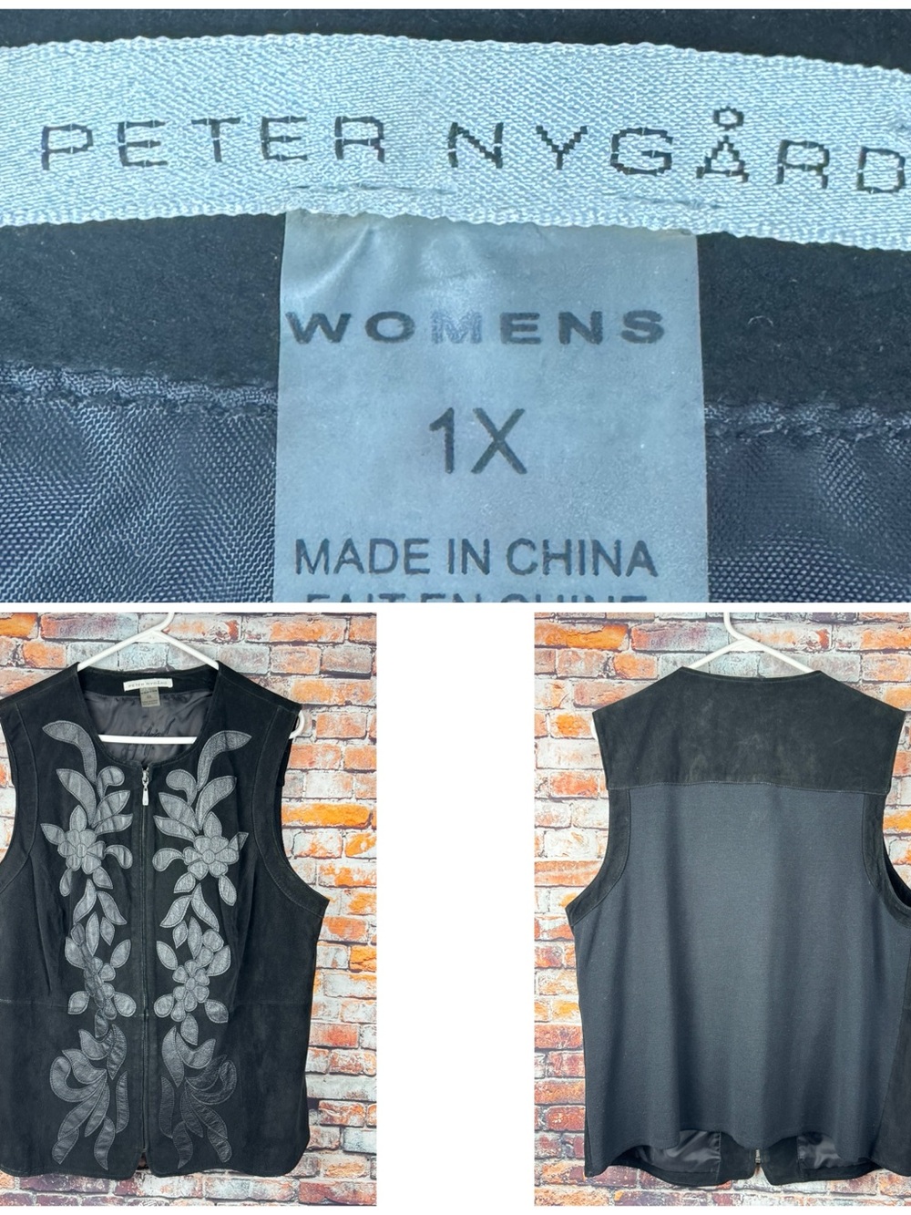 Vintage Peter Nygard Black Suede Leather Floral Vest Women's 1x Western Boho